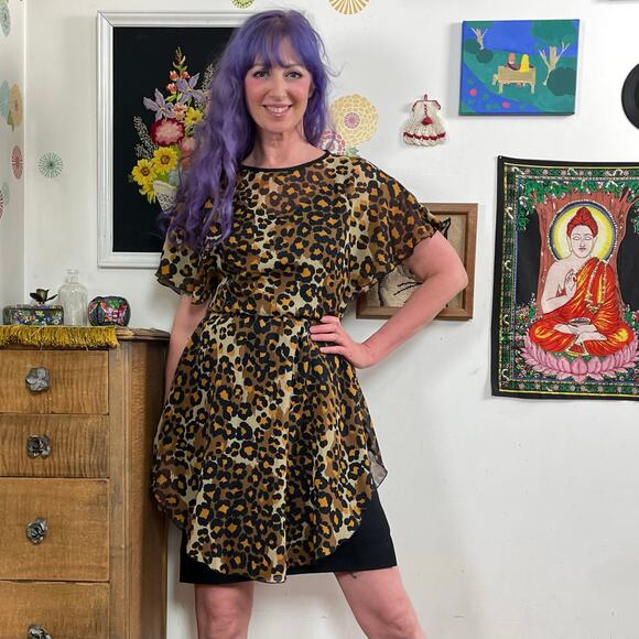 Vintage Leopard Print Dress, 1970s Punk Party Dress w Sheer Overlay, Sz S - Picture 10 of 10